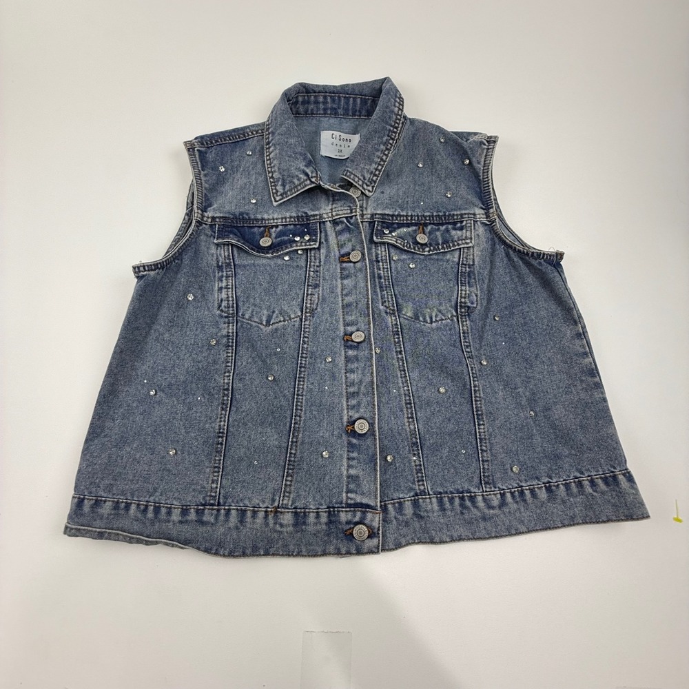 Ci Sono Denim Vest Rhinestone Studded Blue Jean Sleeveless Jacket Plus Size‎ 1X